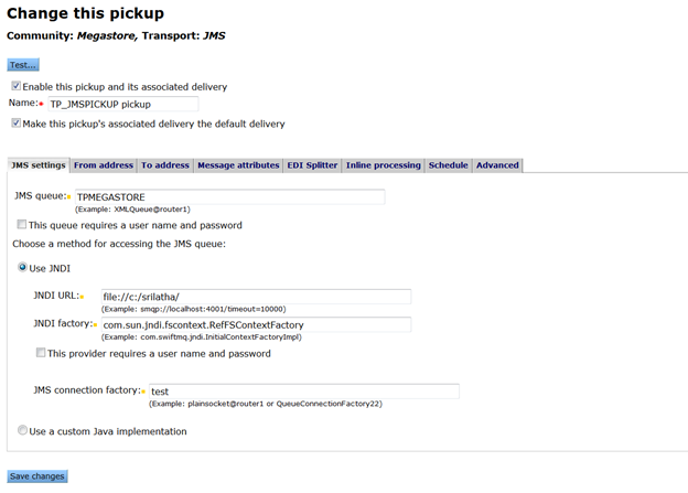 Example of the JMS settings tab on a JMS pickup maintenance page.