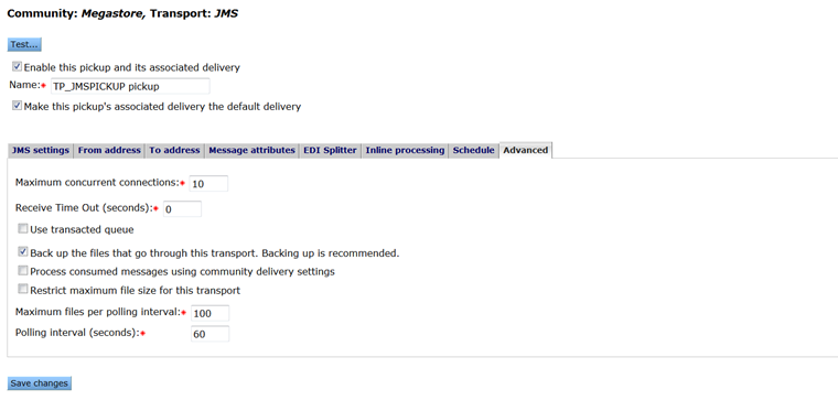 Example of th Advanced tab on a JMS transport maintenance page.