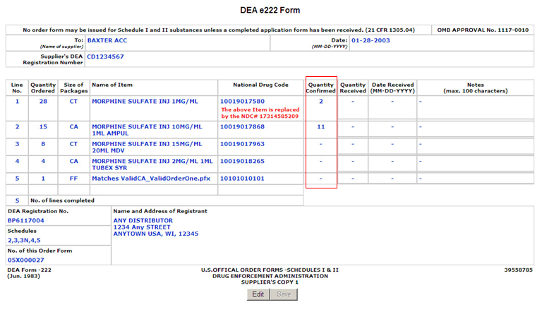 Screenshot of an example DEA e222 Form.