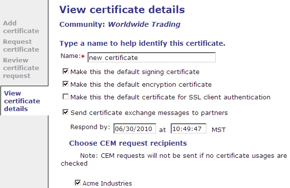 The "View certificate details" page for CEM requests.