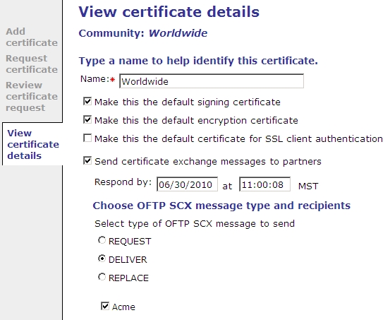 The "View certificate details" page for SCX requests.