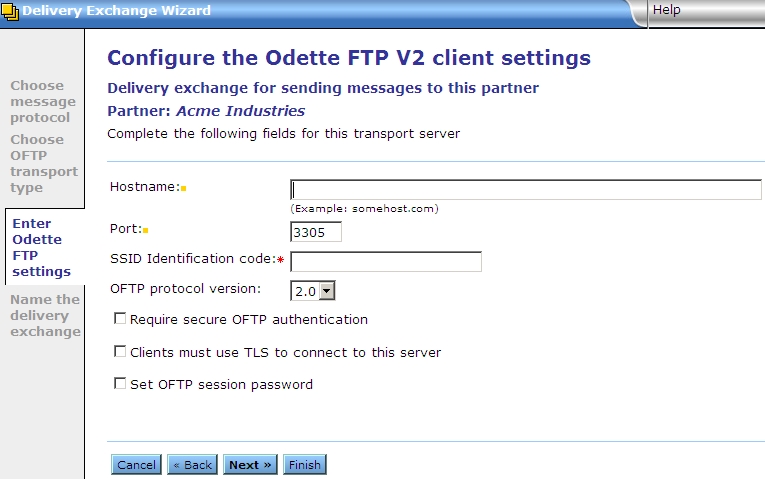 The "Configure the Odette FTP V2 client settings" page of the Delivery Exchange Wizard.