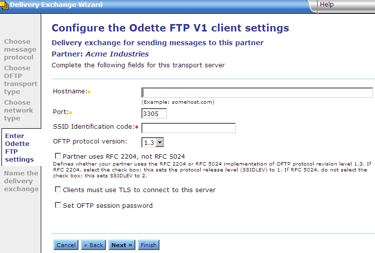 The "Configure the Odette FTP V1 client settings" page of the Delivery Exchange Wizard.