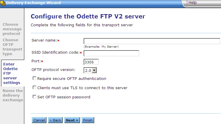 The "Configure the Odette FTP V2 server" page of the Exchange Wizard.