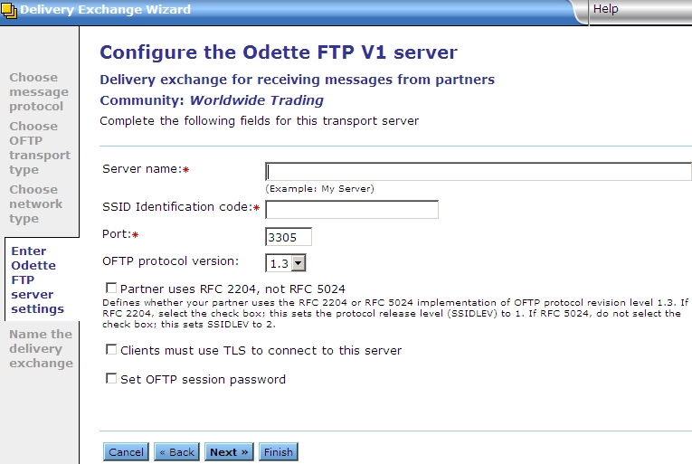 The "Configure the Odette FTP V1 server" page of the Exchange Wizard.