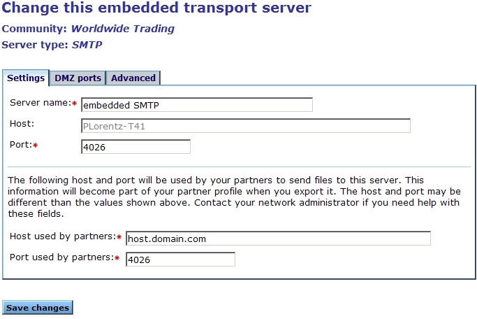 "Change this embedded transport server" pages for an SMTP server type.