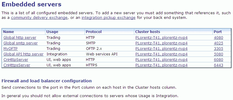 Example "Embedded servers" page listing all configured embedded servers.